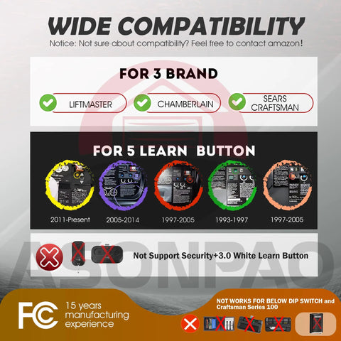 Image displaying compatibility of the Universal Garage Door Opener Remote For Sears Craftsman LiftMaster Chamberlain Totally Compatible with Learn Button Colors.