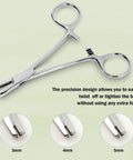 Piercing Ball Grabber Tool For 3mm 4mm 5mm Beads, Pro Grade Screw Removal And Reusable Bead Clamp displayed with close-ups of tips.