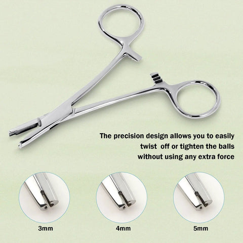 Piercing Ball Grabber Tool For 3mm 4mm 5mm Beads, Pro Grade Screw Removal And Reusable Bead Clamp displayed with close-ups of tips.