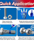 Nanoxa thread locker blue and red, 50 ml x 2; quick-application infographic with bolt and nut and 4-step application.