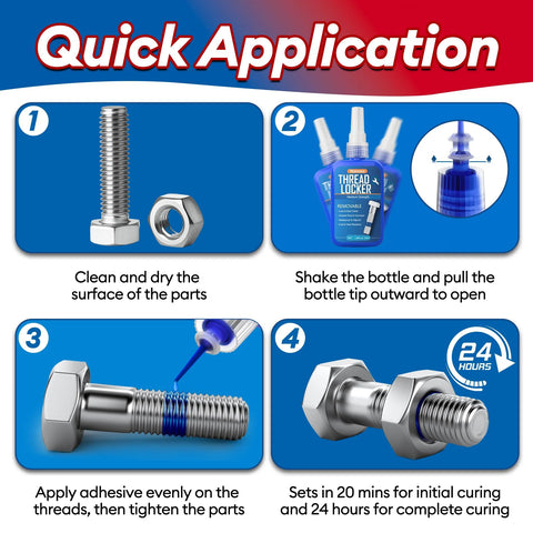 Nanoxa thread locker blue and red, 50 ml x 2; quick-application infographic with bolt and nut and 4-step application.