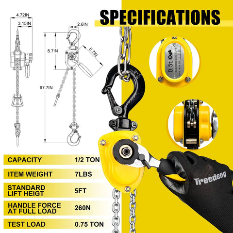 Diagram of Tiny But Mighty Mini Chain Hoist with 1100 lbs capacity, G80 zinc chain, ratchet rope hook, and specifications.