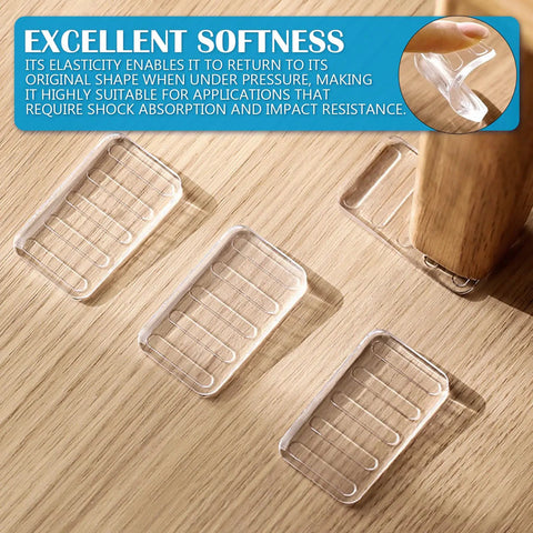 Eight Pack Transparent Furniture Leveling Shims for No Wobble Tables Chairs Sofas Beds and Toilets, clear plastic shims shown.
