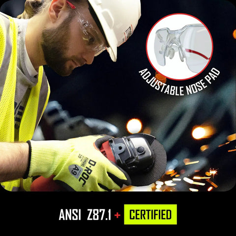 Tough As Nails Frameless Wraparound Safety Glasses delivering crisp clear polycarbonate vision with adjustable nose pads in use.