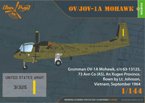 Illustration of OV-1 Mohawk military aircraft with specifications, part of 1/144 OV-1 Mohawk Military Aircraft Model Kit.