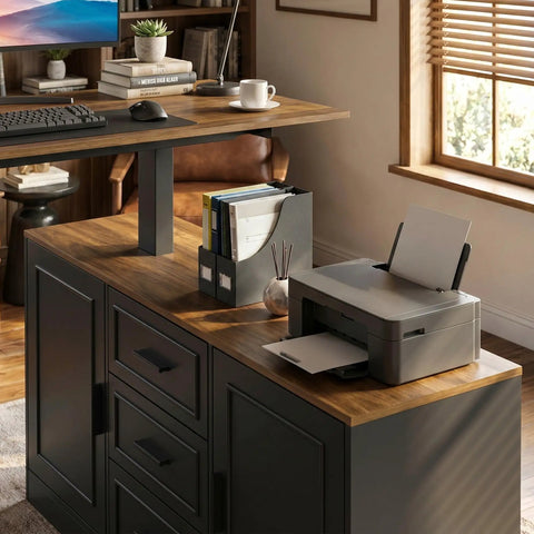 Cool L Shaped Electric Standing Desk With Brown And Black Finish, 55 Inch Big Top, Right Side Cabinet Return, Three Drawers For Storage, Height Adjustable Motorized Table For Home Office Setup with printer and storage.