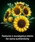 Botanical Sunflower Bouquet Building Kit For Adults 18 Plus DIY Floral Decor Craft For Home Office Bedroom Six Sunflowers In Various Stages Cool Gift For Birthdays Housewarming And Trendy Displays, 4 eucalyptus stems