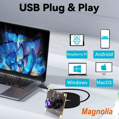 Global Shutter USB Camera Module With 2MP High Speed 90fps Rig-Ready UVC Sensor connected to laptop, compatible with OS