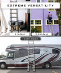 8.5 Foot Stainless Steel Telescoping Ladder Ultra Lightweight Multi Purpose Extension For Indoor And Outdoor Use Space Saving Design Built For Everyday Workhorse Performance 330 Pound Capacity in diverse settings: home interior, exterior wall, RV adjustment