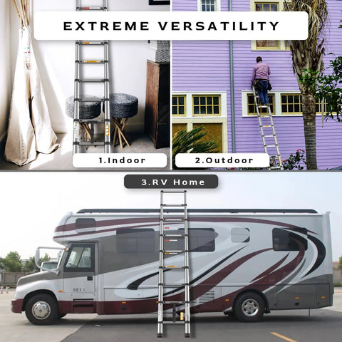 8.5 Foot Stainless Steel Telescoping Ladder Ultra Lightweight Multi Purpose Extension For Indoor And Outdoor Use Space Saving Design Built For Everyday Workhorse Performance 330 Pound Capacity in diverse settings: home interior, exterior wall, RV adjustment