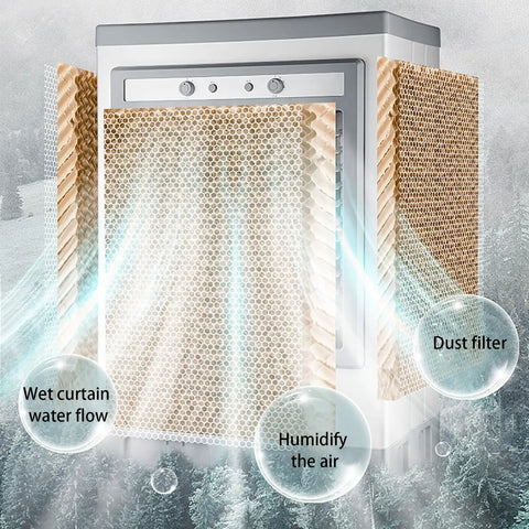 Close-up of Heavy Duty Portable Evaporative Swamp Cooler With Three Adjustable Speeds showing wet curtain and dust filter.