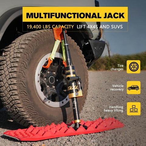 Portable Hydraulic Recovery Jack With Lift Mate For Off Road 4x4 SUVs, ATVs, And UTVs lifting a vehicle on rocky terrain.