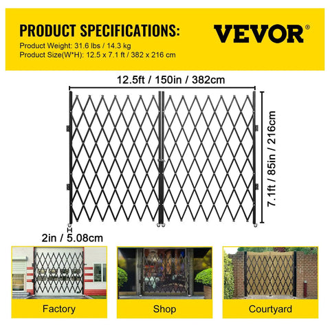 Heavy Duty Double Folding Security Gate Eighty Seven Inches Tall By One Hundred Fifty Inches Wide Built Like A Tank With Fourteen Gauge Steel And Black Powder Coat For Serious Perimeter Lock Down, shown in factory setting.
