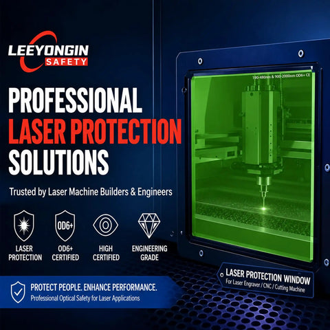Premium Dual Band Laser Safety Window Featuring Heavy Duty Optical Glass Shield Built Real Tight For Protecting 450Nm And 1064Nm Fiber Laser Cabinets OD6 Rating For Maximum Eye Care On Any Setup That Slaps Hard, shown installed in a laser cutting machine.
