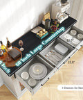 Farmhouse 60 Inch Coffee Bar Cabinet with Built In Bev Fridge and Drawer Storage, open drawer view and accessories.