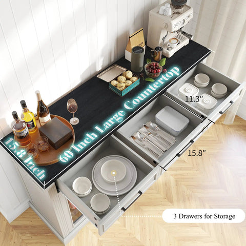 Farmhouse 60 Inch Coffee Bar Cabinet with Built In Bev Fridge and Drawer Storage, open drawer view and accessories.