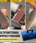 3 In 1 Mini Belt Sander With Knife Sharpener And Electric Bench Grinder For Metal And Wood DIY Handcraft Beast Mode Power Seven Speed Adjustable Polisher in use