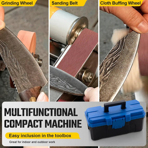 3 In 1 Mini Belt Sander With Knife Sharpener And Electric Bench Grinder For Metal And Wood DIY Handcraft Beast Mode Power Seven Speed Adjustable Polisher in use
