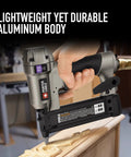 23 Gauge Pin Nailer 1-3-8in for Trim and Finish Work, Refurbished, Lightweight Aluminum Body, in use on wooden trim