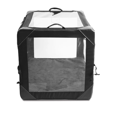 Front view of Pet Nebulizer Therapy Cage For Oxygen And Nebulization All In One Dual Port Vet Care Crate with transparent sides.