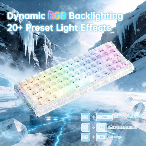 Compact 60 Percent Wired Mechanical Gaming Keyboard Featuring Magnetic Rapid Trigger Switches And Dope 8K Polling Rate With White Carbon Fiber Top Plate And Crisp Rgb Lighting For Your Badass Setup with dynamic RGB backlighting and icy background.