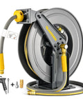 Heavy Duty Double Arm Retractable Air Hose Reel 50 Foot Reach Half Inch Steel Hybrid Core with fittings and nozzle