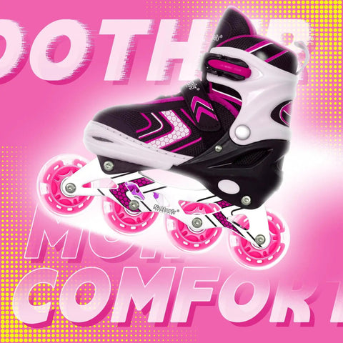 Inline skate with rosy 64mm 82A wheels for smooth riding, featuring 8 pack 64mm inline skate wheels with bearings for indoor and outdoor use.