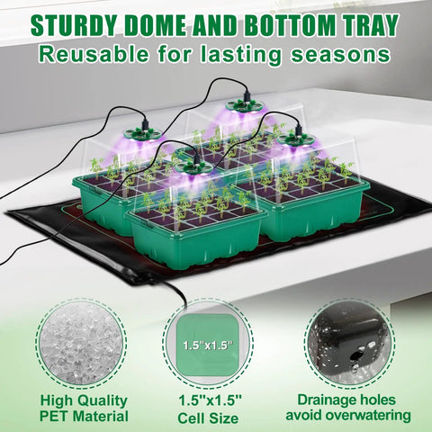 All In One Seed Starter Kit With Grow Light And Heat Mat For Indoor Gardening Four 12 Cell Trays That Hold 48 Seedlings