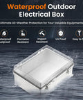 Heavy Duty IP67 Waterproof Junction Box Outdoor Electrical Enclosure With Hinged Clear Cover And Wall Mount Brackets, shown in rain, dustproof design.