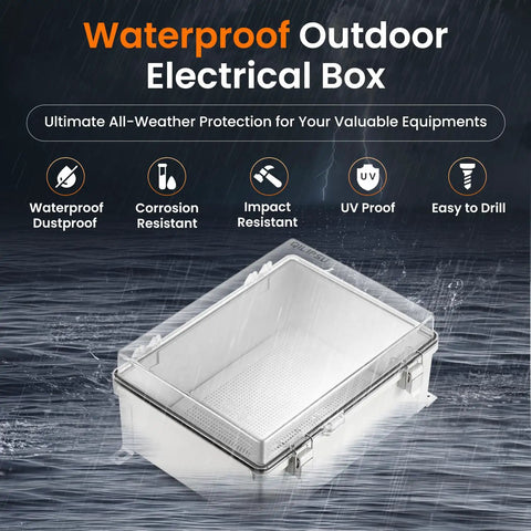 Heavy Duty IP67 Waterproof Junction Box Outdoor Electrical Enclosure With Hinged Clear Cover And Wall Mount Brackets, shown in rain, dustproof design.