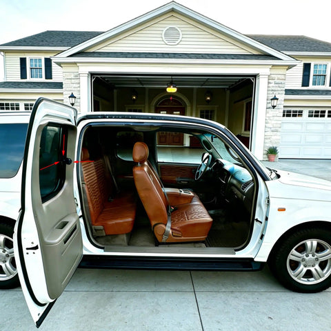 Side view of open SUV showing brown leather interior seats, parked in front of a house with an open garage.