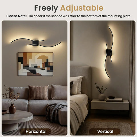 No Brainer Wireless Led Wall Sconces With Rock Solid 10000Mah Battery, 3CCT Lighting Tweak, Slick Black Shell, Quick Snap Install, Long Enduring Rechargeable Home Accent 2 Pack shown in horizontal and vertical adjustable settings.