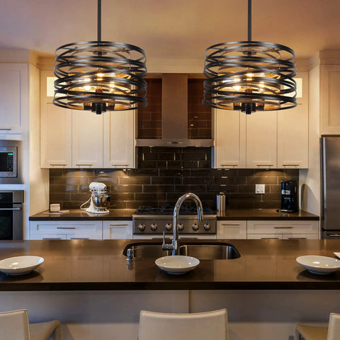 Modern kitchen with two industrial pendant lights over island, showcasing a 12.6 Inch Farmhouse Chandelier For Dining Room With Three Light Industrial Metal Hanging Light Fixture Rustic Drum Pendant Black Dope Retro Wood Texture Interior Decor For Kitchen Foyer Entryway And Bedroom