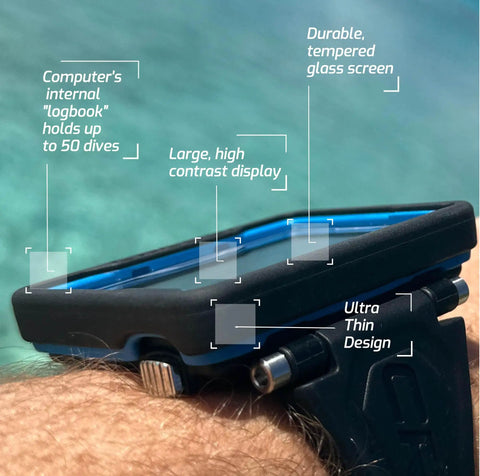 Raffaello Wrist Dive Computer With Built In Digital Compass on wrist, showing durable tempered glass, high contrast display, and thin design.