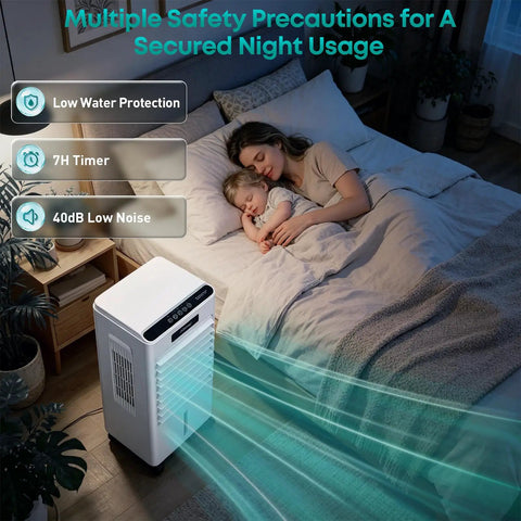 Beast Mode Cooling 8000 BTU Windowless Portable AC near bed, low noise, safe for night use; features include 7-hour timer.