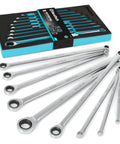 Ultra Long Ratcheting Wrench Set With Double Box Ends Metric 9 Piece Premium Beefy Chrome Vanadium Steel Heat Treated For Maximum Strength And Durability Built For Quick Tightening And Loosening Of Bolts In Tight Spots, 9-piece set in case