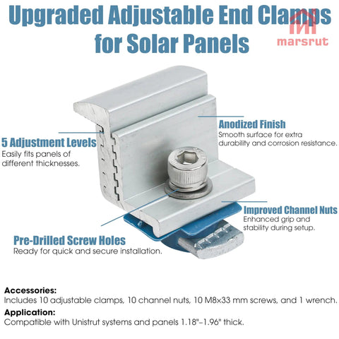10 Pack Heavy Duty Solar Panel End Clamp Brackets adjustable aluminum end clamp with pre-drilled holes for roof mount hardware
