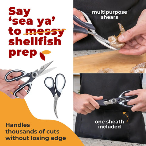 Everyday Kitchen Workhorse All Purpose Kitchen Shears And Seafood Scissors Set With Lifetime Replacement Warranty: multipurpose shears and one sheath