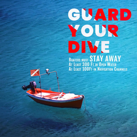 Boat on water with Warning Flag With Removable Stiffening Pole 20x24 Inches Red and White Nylon Dive Flag displayed