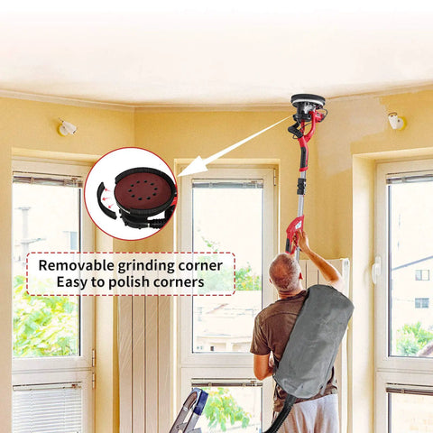 Man using Powerful 750W Drywall Sander With 12 Discs, Variable Speed 800-1750 RPM, LED Light, Long Hose, Dust Bag, Easy Grip Handle