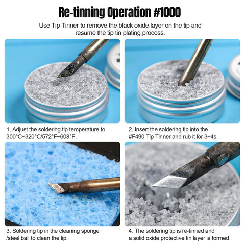 Re-tinning steps of Go To Pro Grade Soldering Tip Cleaning Kit With Rosin Paste Flux Lead Free Tinner Cleaner, showing tinner and sponges.