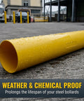 Rock Solid Heavy Duty Yellow Safety Bollard Post Protective Cover With Bright Red Reflective Strips Anti Collision Guard Sleeve For 4 Inch Metal Poles 46 Inch Tall Driveway Shield on wet ground.