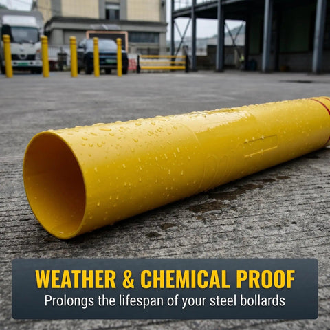 Rock Solid Heavy Duty Yellow Safety Bollard Post Protective Cover With Bright Red Reflective Strips Anti Collision Guard Sleeve For 4 Inch Metal Poles 46 Inch Tall Driveway Shield on wet ground.