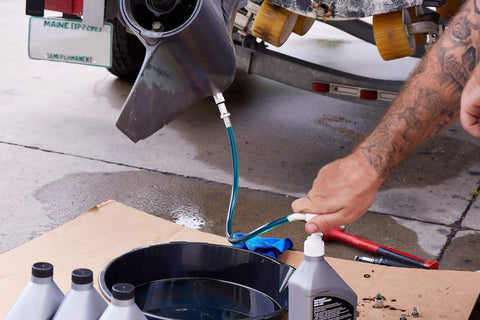 Using Lower Unit Gear Oil Pump For Outboard Motors Quick Fill With Standard Quart Bottles; 3/8, 8mm, 10mm adapters visible
