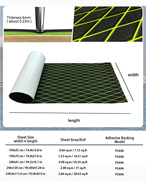 EVA Foam Boat Flooring Decking Sheet 6mm Thick Diamond Grippy Anti Slip Marine Mat in black and green with dimensions chart