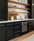 Two Pack Solid Brass Cabinet Pulls in Gold Brushed Finish, Euro Style T Bar Handles on black kitchen cabinets, drawers.