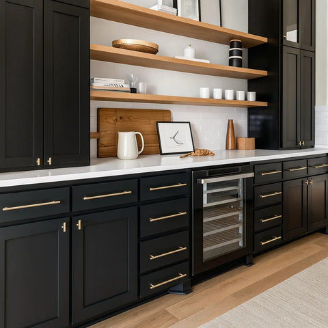 Two Pack Solid Brass Cabinet Pulls in Gold Brushed Finish, Euro Style T Bar Handles on black kitchen cabinets, drawers.