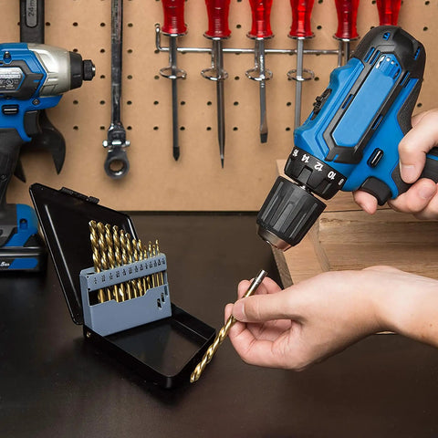 Left-Hand Drill Bit Set, Go-To Titanium Nitride Coated High-Speed Steel Bits, Reverse-Twist Design, SAE Inch Sizes, 13-Piece Kit For Quick Self-Centering Drilling And Fast Chip Clearing