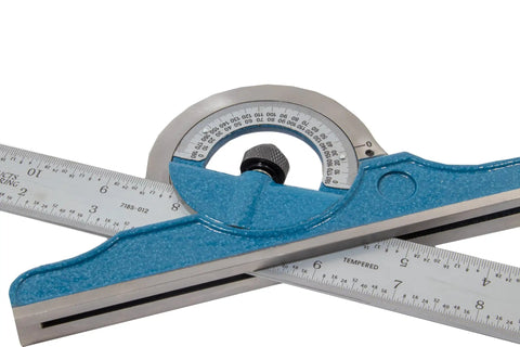 Dead Nuts Accurate 4 Piece Combination Square Set With 12 Inch Carbon Steel Blade, showing blue cast iron head and etched ruler.