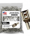 High Temperature Non Insulated Female Spade Connectors Set For 16 To 14 Gauge Quick Disconnect One Quarter Inch Tab 100 Piece Pack Durable Nickel Plated Steel Made In USA
